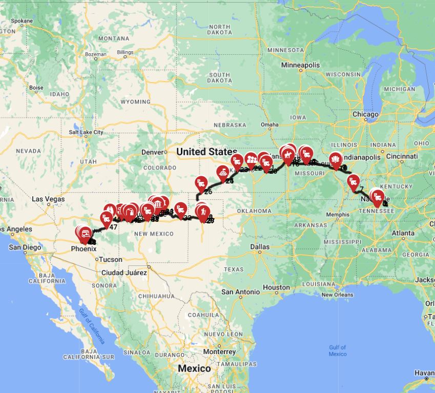 RV route planner for amotorhome trip from  Nashville to Phoenix - along the Santa Fe Trail the Historic trade trail